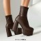 Round Toe Chunky Heels Platforms Pull On Ankle Highs Boots - Brown Faux Leather