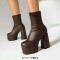 Round Toe Chunky Heels Platforms Pull On Ankle Highs Boots - Brown Faux Leather
