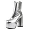 Round Toe Chunky Heels Platforms Pull On Ankle Highs Boots - Silver Faux Leather