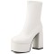 Round Toe Chunky Heels Platforms Pull On Ankle Highs Boots - White Faux Leather
