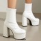 Round Toe Chunky Heels Platforms Pull On Ankle Highs Boots - White Faux Leather
