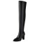 Pointed Toe Chunky Heels Zipper Over The Knee Thigh High Boots - Black Faux Leather