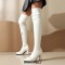 Pointed Toe Chunky Heels Zipper Over The Knee Thigh High Boots - White Faux Leather