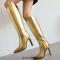 Pointed Toe Chunky Heels Side Zipper Knee Highs Boots - Gold Faux Leather