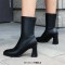 Pointed Toe Chunky Heels Pull On Ankle Highs Boots - Black Faux Leather