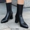 Pointed Toe Chunky Heels Pull On Ankle Highs Boots - Black Faux Leather