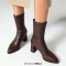 Pointed Toe Chunky Heels Pull On Ankle Highs Boots - Brown Faux Leather