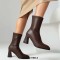 Pointed Toe Chunky Heels Pull On Ankle Highs Boots - Brown Faux Leather