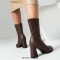 Pointed Toe Chunky Heels Pull On Ankle Highs Boots - Brown Faux Leather