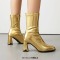 Pointed Toe Chunky Heels Pull On Ankle Highs Boots - Gold Faux Leather