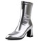 Pointed Toe Chunky Heels Pull On Ankle Highs Boots - Silver Faux Leather