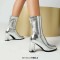 Pointed Toe Chunky Heels Pull On Ankle Highs Boots - Silver Faux Leather