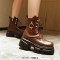 Round Toe Chunky Heels Platforms Lace Up Side Zipper Ankle Highs Boots - Brown Faux Leather