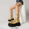 Round Toe Chunky Heels Platforms Lace Up Side Zipper Ankle Highs Boots - Gold Faux Leather