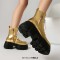 Round Toe Chunky Heels Platforms Lace Up Side Zipper Ankle Highs Boots - Gold Faux Leather