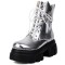 Round Toe Chunky Heels Platforms Lace Up Side Zipper Ankle Highs Boots - Silver Faux Leather