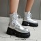 Round Toe Chunky Heels Platforms Lace Up Side Zipper Ankle Highs Boots - Silver Faux Leather