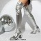 Pointed Toe Chunky Heels Zipper Over The Knee Thigh High Boots - Silver Faux Leather