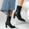 Pointed Toe Chunky Heels Back Zipper Ankle Highs Boots - Black Faux Leather