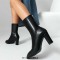 Pointed Toe Chunky Heels Back Zipper Ankle Highs Boots - Black Faux Leather