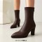 Pointed Toe Chunky Heels Back Zipper Ankle Highs Boots - Brown Faux Leather