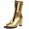 Pointed Toe Chunky Heels Back Zipper Ankle Highs Boots - Gold Faux Leather