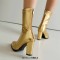 Pointed Toe Chunky Heels Back Zipper Ankle Highs Boots - Gold Faux Leather