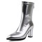 Pointed Toe Chunky Heels Back Zipper Ankle Highs Boots - Silver Faux Leather