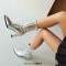 Pointed Toe Chunky Heels Back Zipper Ankle Highs Boots - Silver Faux Leather