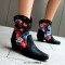 Pointed Toe Ankle Highs Flower Decorated Western Cowboy Style Chunky Heels Boots - Black Flock