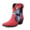 Pointed Toe Ankle Highs Flower Decorated Western Cowboy Style Chunky Heels Boots - Red Flock