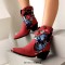 Pointed Toe Ankle Highs Flower Decorated Western Cowboy Style Chunky Heels Boots - Red Flock