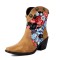 Pointed Toe Ankle Highs Flower Decorated Western Cowboy Style Chunky Heels Boots - Tan Flock
