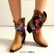 Pointed Toe Ankle Highs Flower Decorated Western Cowboy Style Chunky Heels Boots - Tan Flock