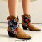 Pointed Toe Ankle Highs Flower Decorated Western Cowboy Style Chunky Heels Boots - Tan Flock