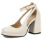 Round Toe Chunky Heels Crocodile Pattern Ankle Buckle Straps Pumps - Beige Faux Leather