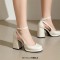 Round Toe Chunky Heels Crocodile Pattern Ankle Buckle Straps Pumps - Beige Faux Leather