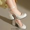 Round Toe Chunky Heels Crocodile Pattern Ankle Buckle Straps Pumps - Beige Faux Leather