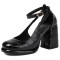 Round Toe Chunky Heels Crocodile Pattern Ankle Buckle Straps Pumps - Black Faux Leather