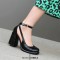 Round Toe Chunky Heels Crocodile Pattern Ankle Buckle Straps Pumps - Black Faux Leather