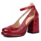 Round Toe Chunky Heels Crocodile Pattern Ankle Buckle Straps Pumps - Red Faux Leather