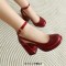 Round Toe Chunky Heels Crocodile Pattern Ankle Buckle Straps Pumps - Red Faux Leather