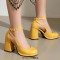 Round Toe Chunky Heels Crocodile Pattern Ankle Buckle Straps Pumps - Yellow Faux Leather