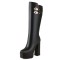 Square Toe Platforms Chunky Heels Knee Highs  Double Straps Boots - Black Faux Leather