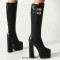 Square Toe Platforms Chunky Heels Knee Highs  Double Straps Boots - Black Faux Leather