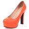 Round Toe Block Cuban Heels Low Platforms Pastel Pumps - Orange Faux Leather