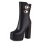 Square Toe Platforms Chunky Heels Ankle Highs  Double Straps Boots - Black Faux Leather