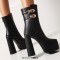 Square Toe Platforms Chunky Heels Ankle Highs  Double Straps Boots - Black Faux Leather