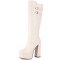 Square Toe Platforms Chunky Heels Knee Highs Crocodile Prints Double Straps Boots - Beige Faux Leather