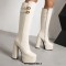 Square Toe Platforms Chunky Heels Knee Highs Crocodile Prints Double Straps Boots - Beige Faux Leather